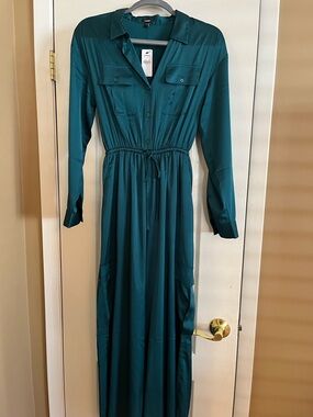 Express Teal Long-Sleeve Shirtwaist Jumpsuit with Drawstring Waist